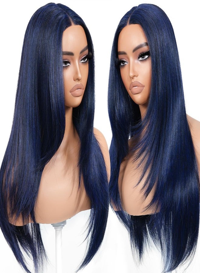 BrownBomb Dark Blue Wear and Go Glueless Wigs Pre Plucked Pre Cut for Beginners Synthetic Lace Front Wig for Woman Long layered Straight Wigs with Bangs 26 Inch 3 Seconds to Wear for Beginners - Image 1